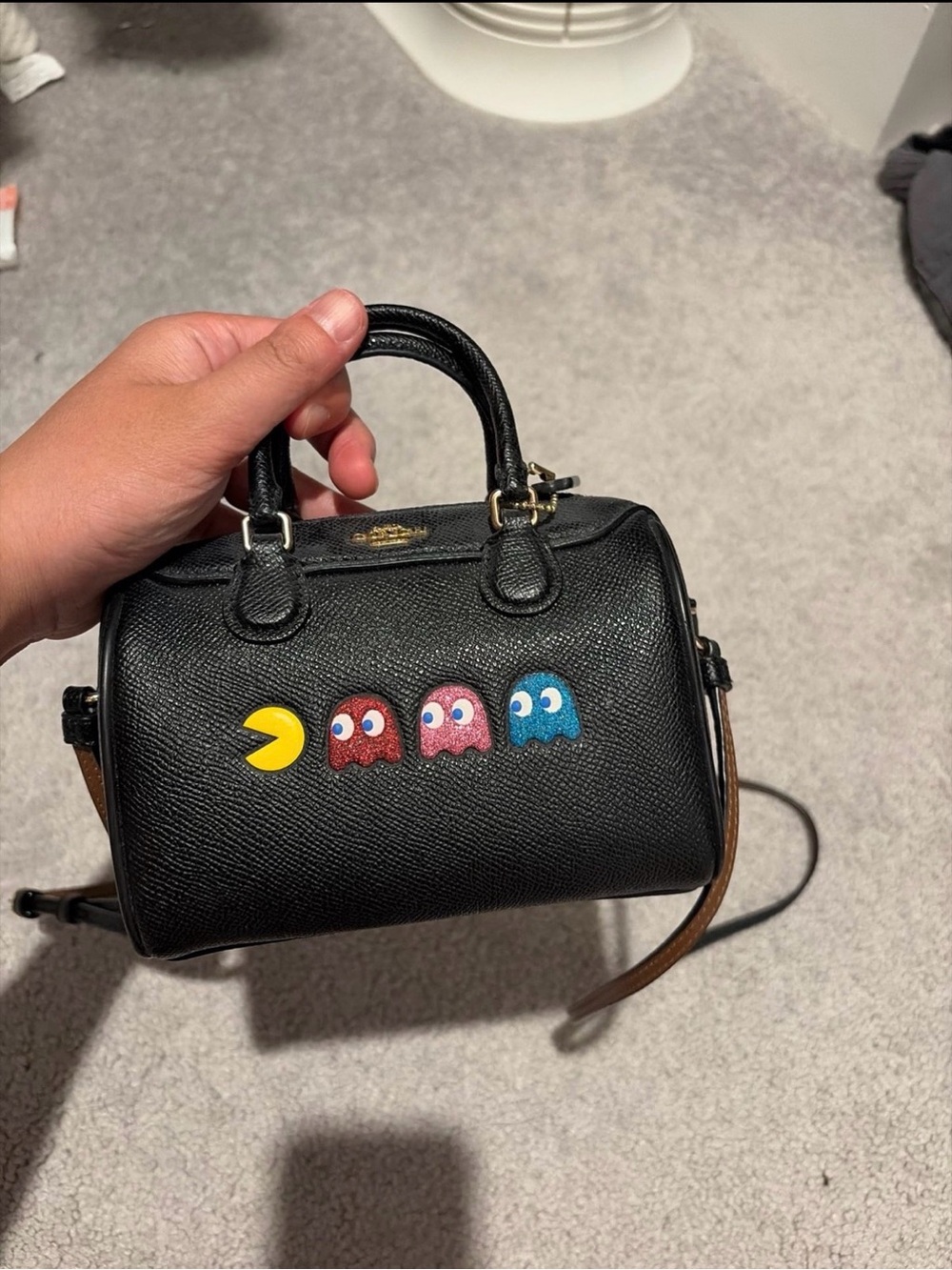 Coach Black Leather Satchel with Pac-Man & Ghost Appliqués - Picture 3 of 3
